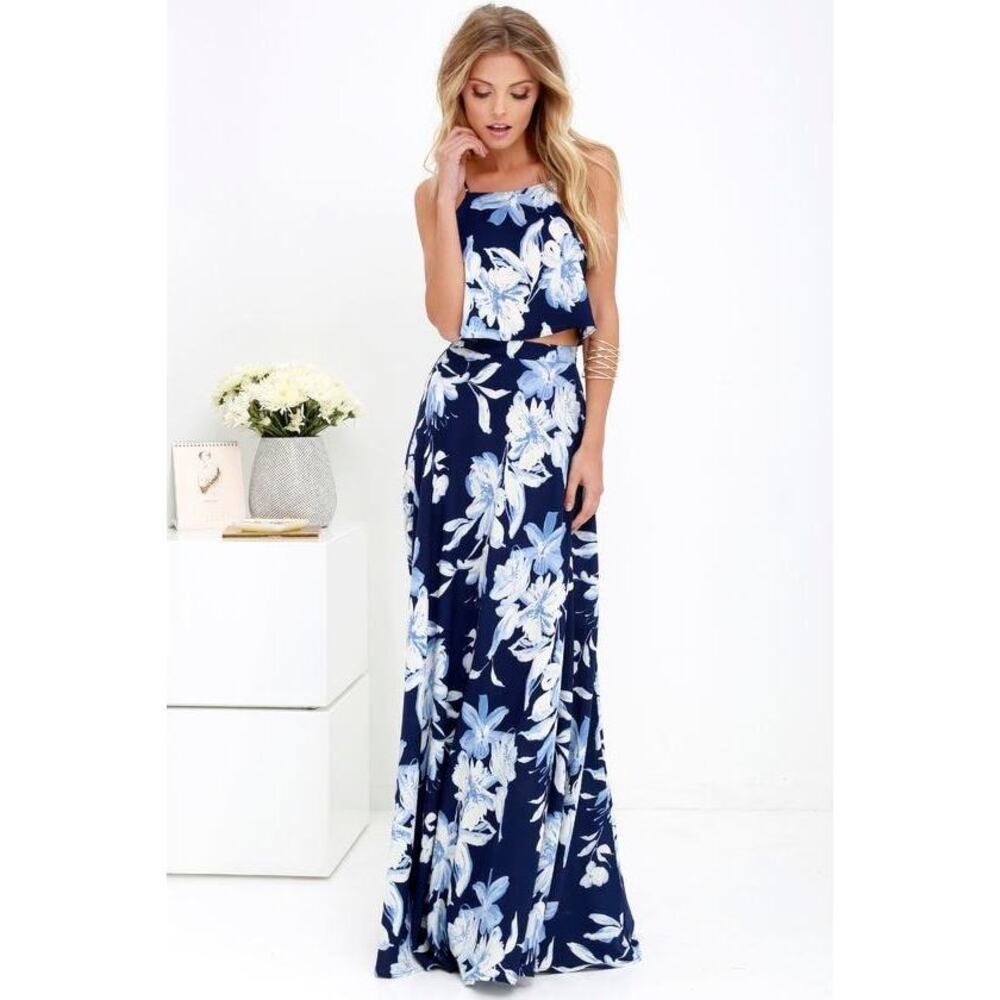 Lulus Love For Lanai Navy Blue Floral Print Two-piece Maxi Dress - Size X-Small